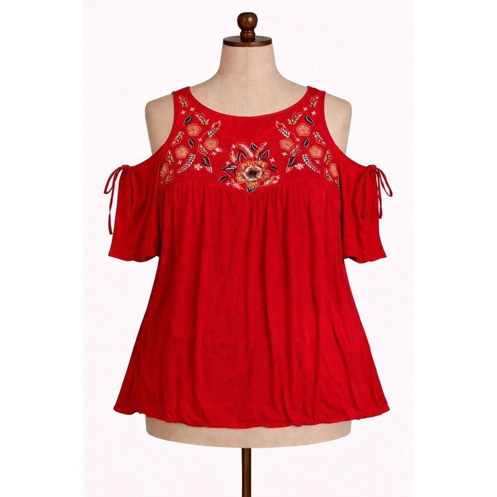 Kelly Renee Women’s 3X Red Embroidered Cold Shoulder Peasant Tunic Top